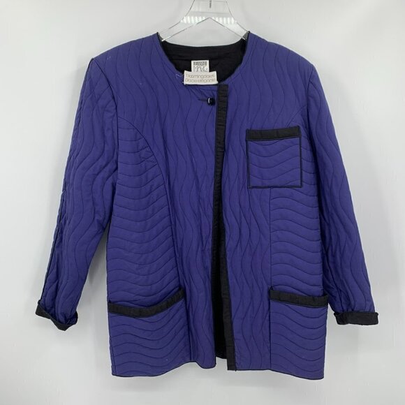 Jeanne Marc quilted navy blue jacket blazer black trim Cotton vintage Medium - Picture 1 of 5